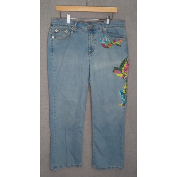 Z Cavaricci Jeans 14 Blue Floral Embroidered Vintage Floral Mid Rise Crop Capri - Picture 1 of 13